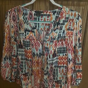 Tribal Orange and Green Graphic 3/4 Sleeve Blouse
